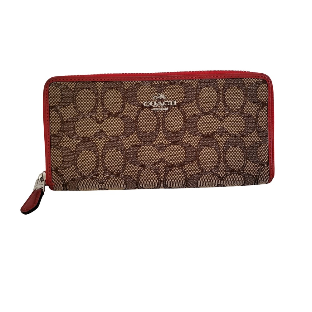 Coach Accordion Zip Wallet Signature Canvas Brown Red Leather F54630